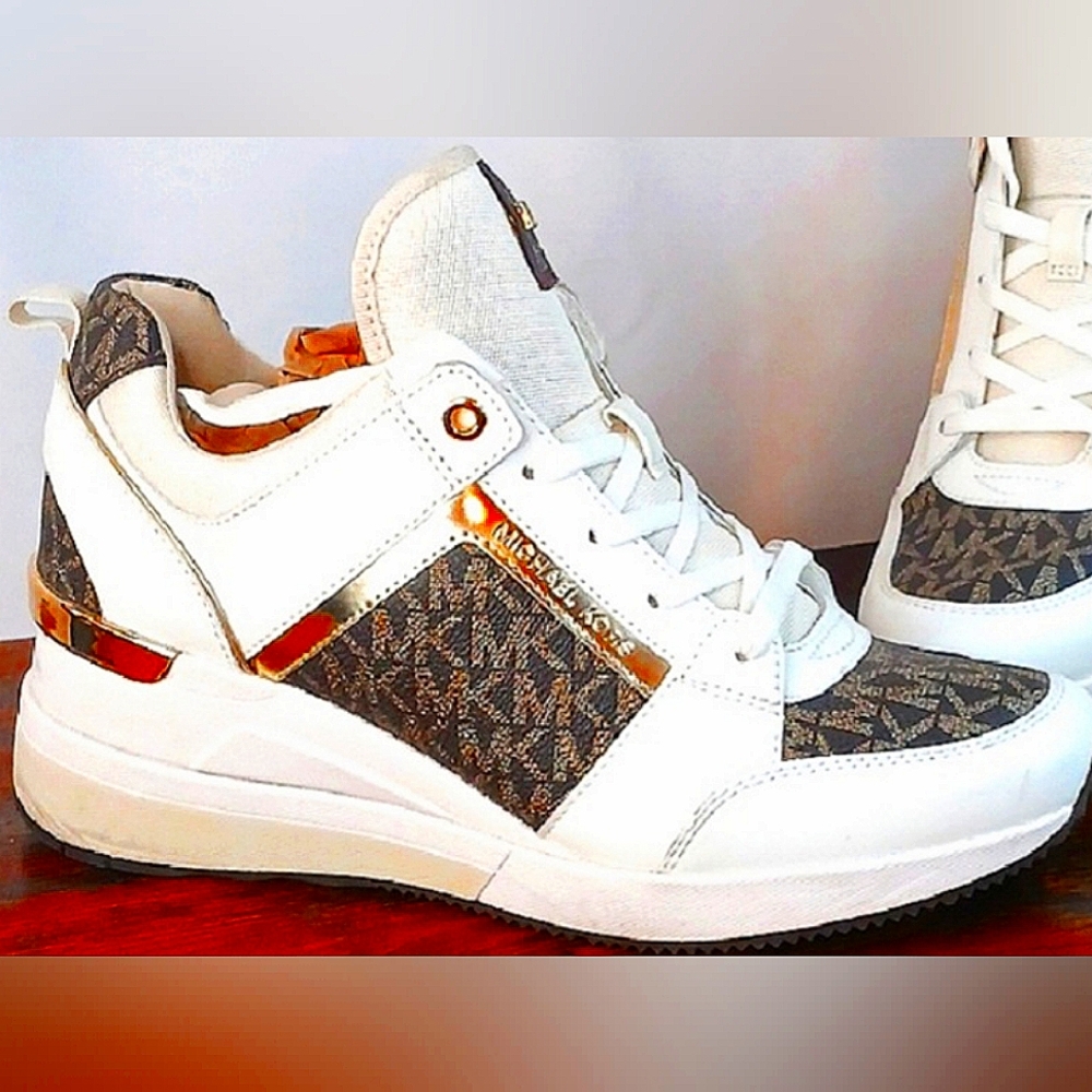Michael Kors White, Brown & Gold Wedge Sneakers